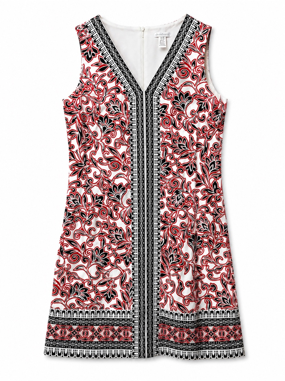 London Times Red Black White Scroll Print Shift Dress 12 V Neck Classic Preppy
